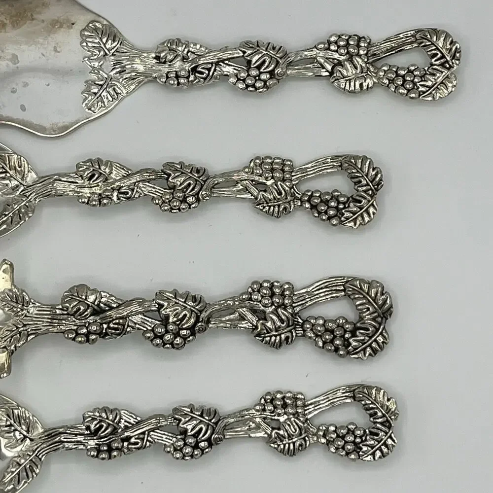 Vtg Godinger Silver Plated Footed Bowl & Set of 4 Serving Utensils Grape Pattern